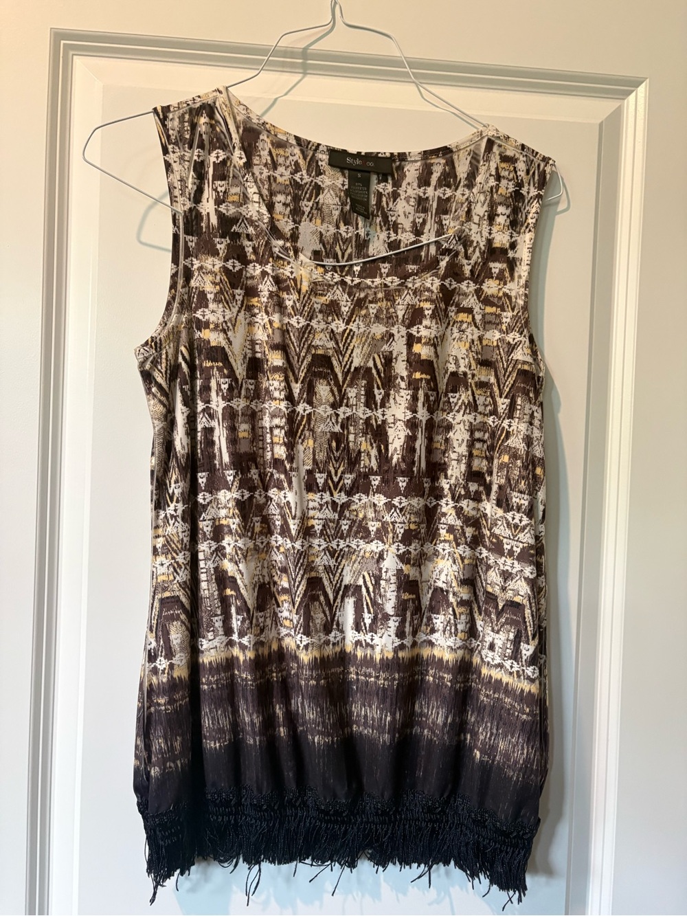 Style & Co. Brown White Patterned Sleeveless Top with Fringe